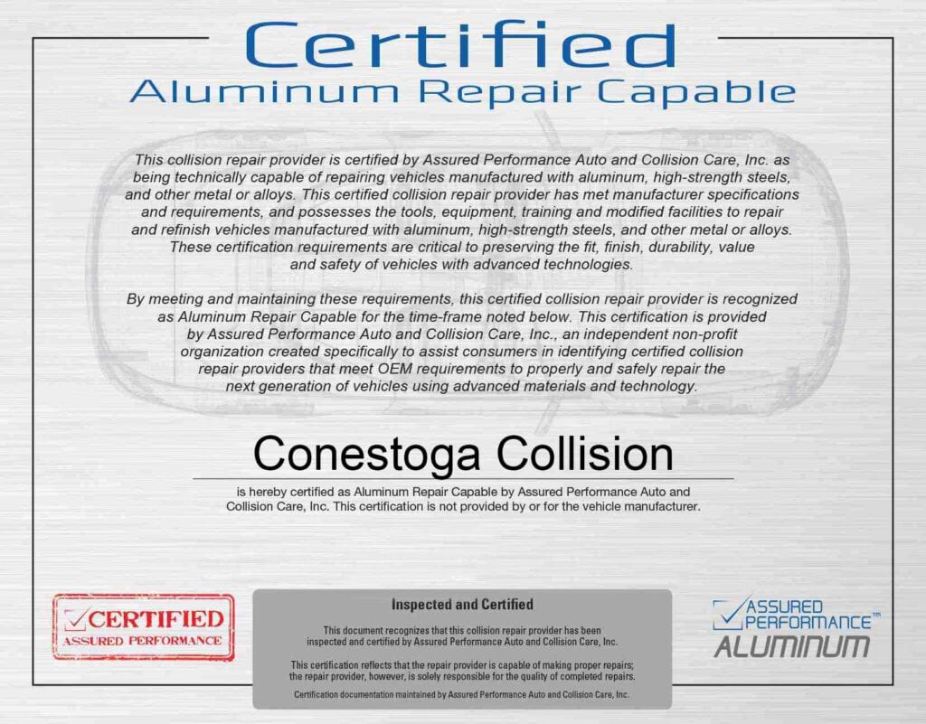 Certified-Aluminum-Repair Image of the certificate saying Conestoga Collision is an Aluminum Repair Capable body shop