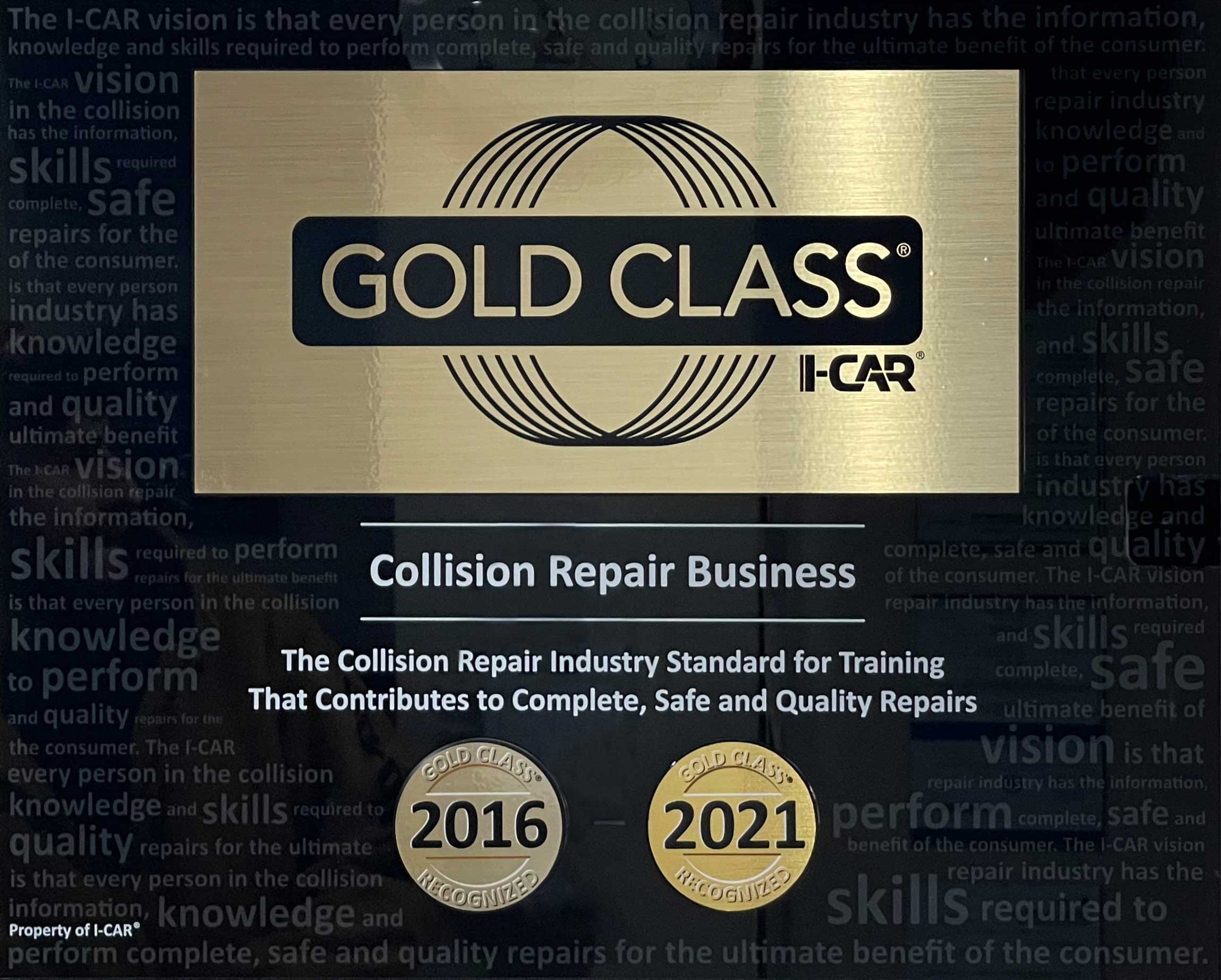 SFW_I-Car-Plaque Image of the certificate that says Conestoga Collision is Gold Class I-Car certified